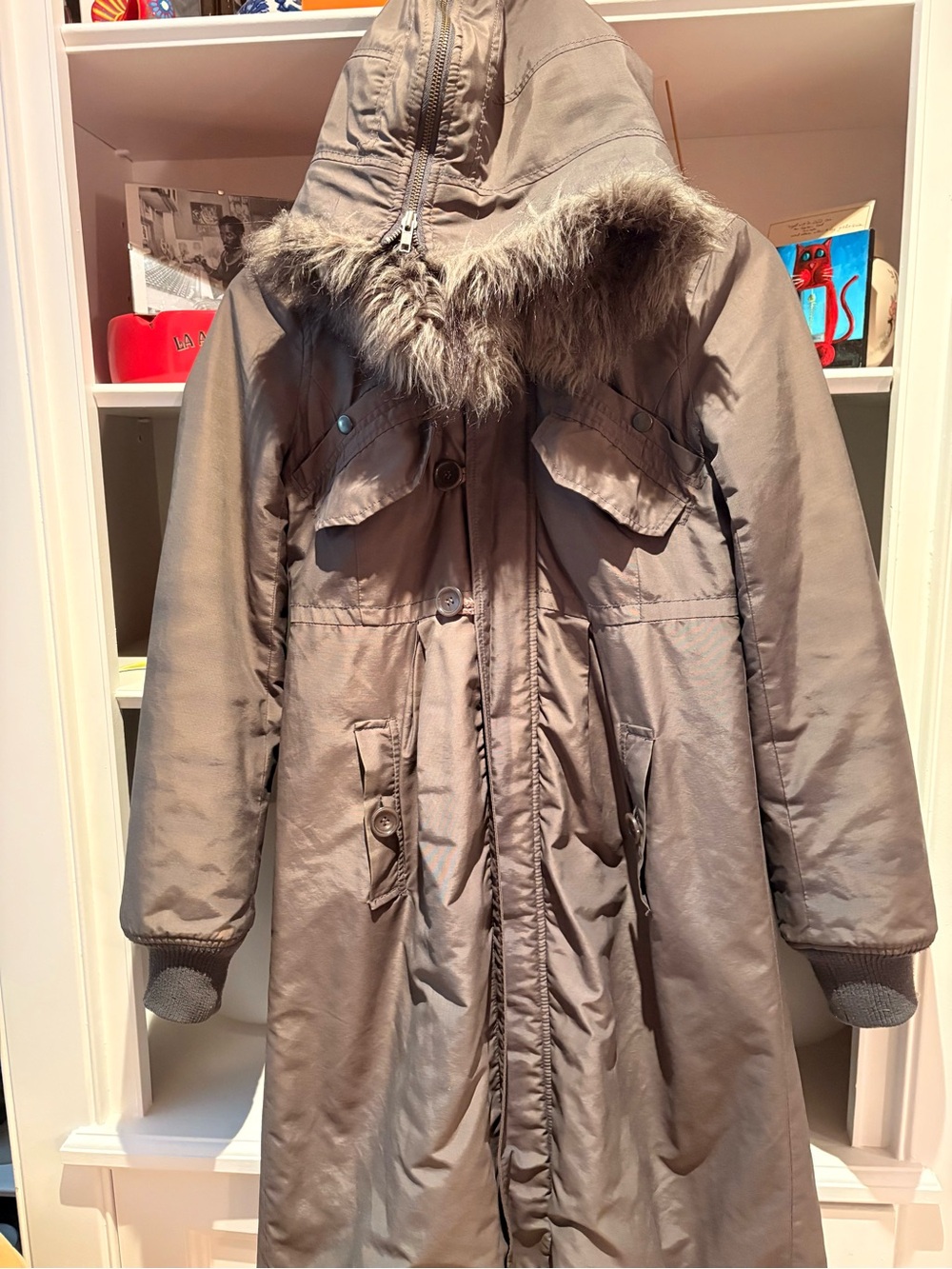 Small/XS French ConnectiWomen's Long Hooded Parka Coat with Faux Fur Trim